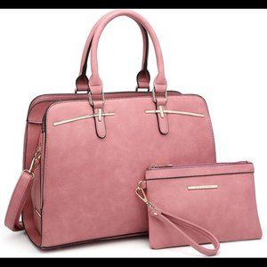 2 Pcs Vegan Leather Women Handbag Wallet Tote Bag Shoulder Bag w/ 3 Compartments